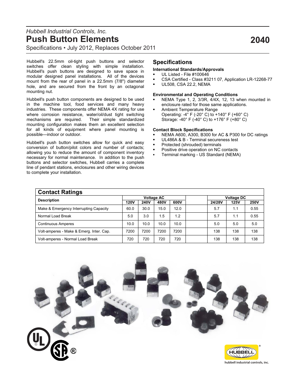 Hubbell Push Button Elements 2040-1 User Manual | 4 pages
