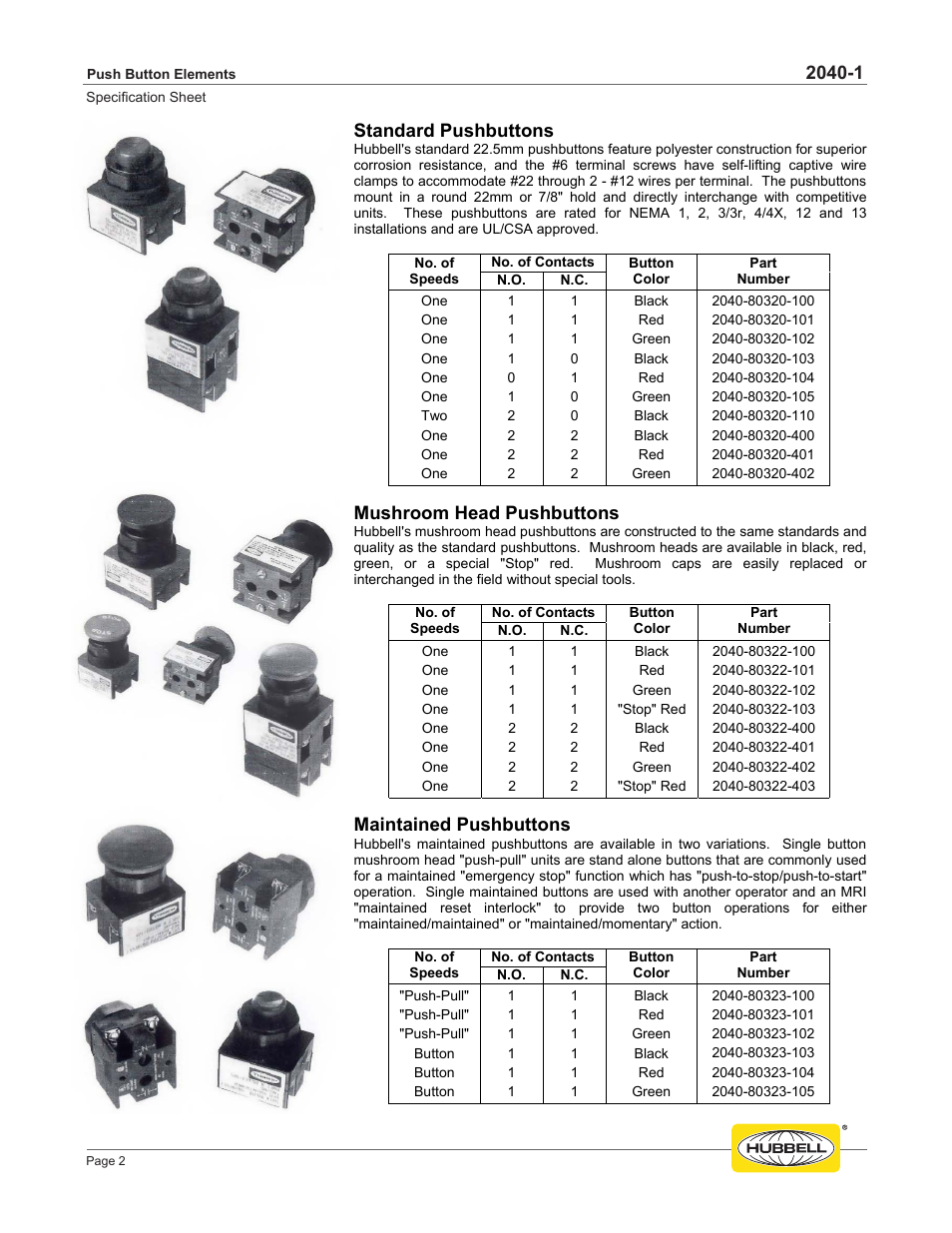 Standard pushbuttons, Mushroom head pushbuttons, Maintained pushbuttons | Hubbell Push Button Elements 2040-1 User Manual | Page 2 / 4