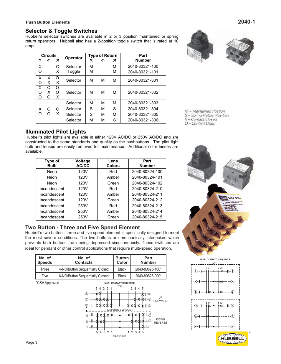 Selector & toggle switches, Illuminated pilot lights, Two button - five speed element | Two button - three and five speed element | Hubbell Push Button Elements 2040-1 User Manual | Page 3 / 4