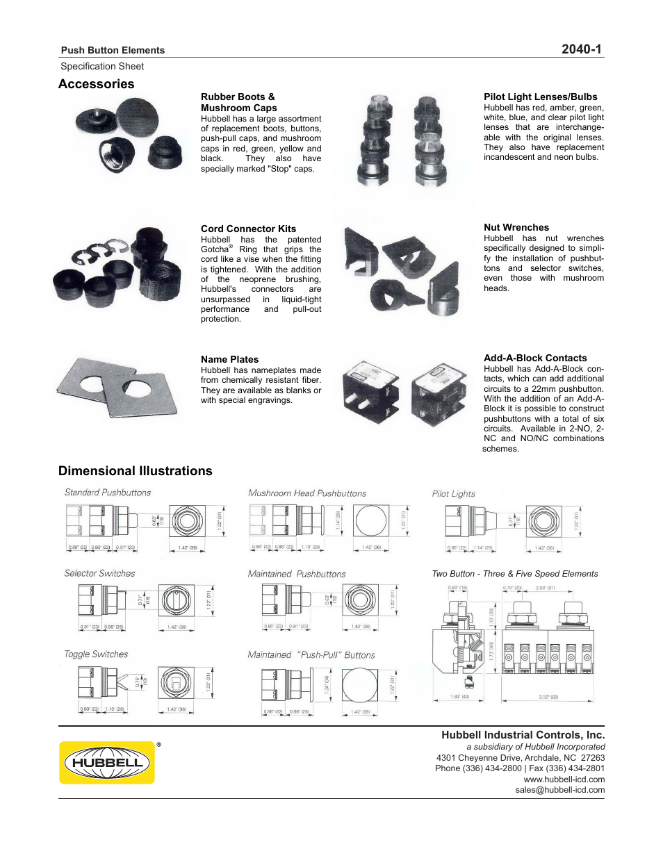 Accessories, Dimensional illustrations | Hubbell Push Button Elements 2040-1 User Manual | Page 4 / 4