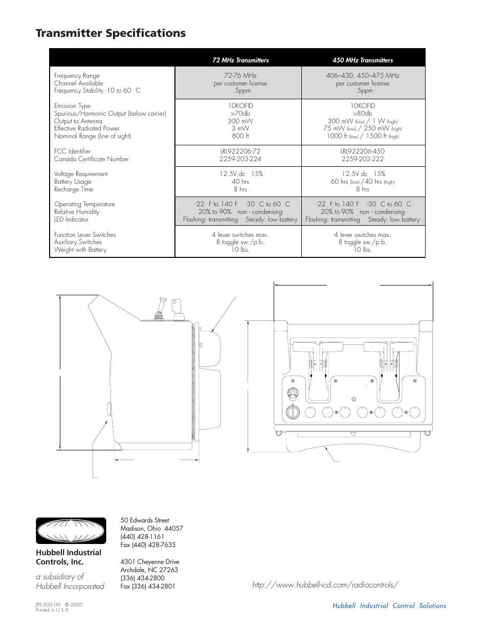 Transmitter specifications, Hubbell | Hubbell Full-Size Transmitter 31.310 User Manual | Page 2 / 2