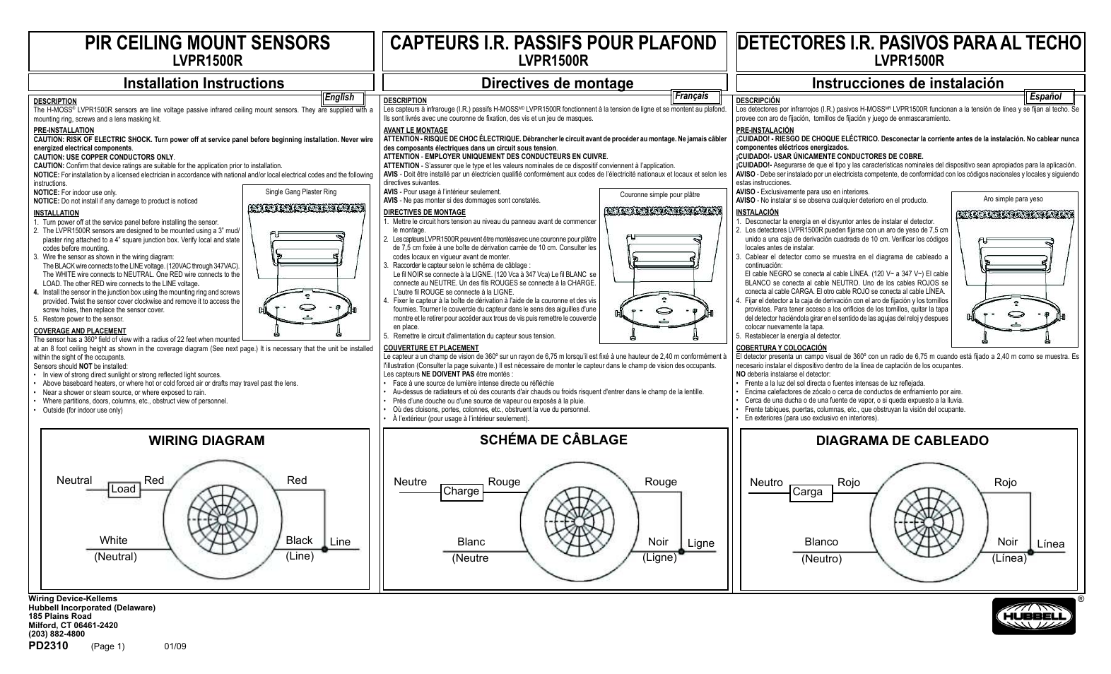 Pir ceiling mount sensor, Lvpr1500r, Detectores i.r. pasivos para al techo | Capteurs i.r. passifs pour plafond, Pir ceiling mount sensors, Lvpr1500r instrucciones de instalación, Diagrama de cableado, Wiring diagram, Schéma de câblage | Hubbell EDTV CLT2054 User Manual | Page 18 / 19