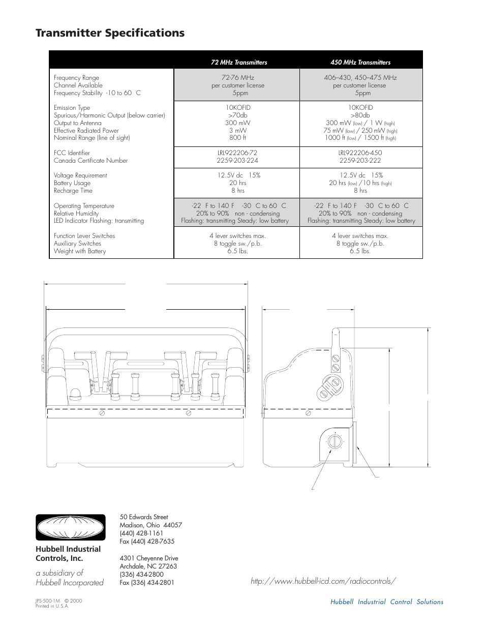 Transmitter specifications, Hubbell | Hubbell Mid-Size Transmitter 31.320 User Manual | Page 2 / 2