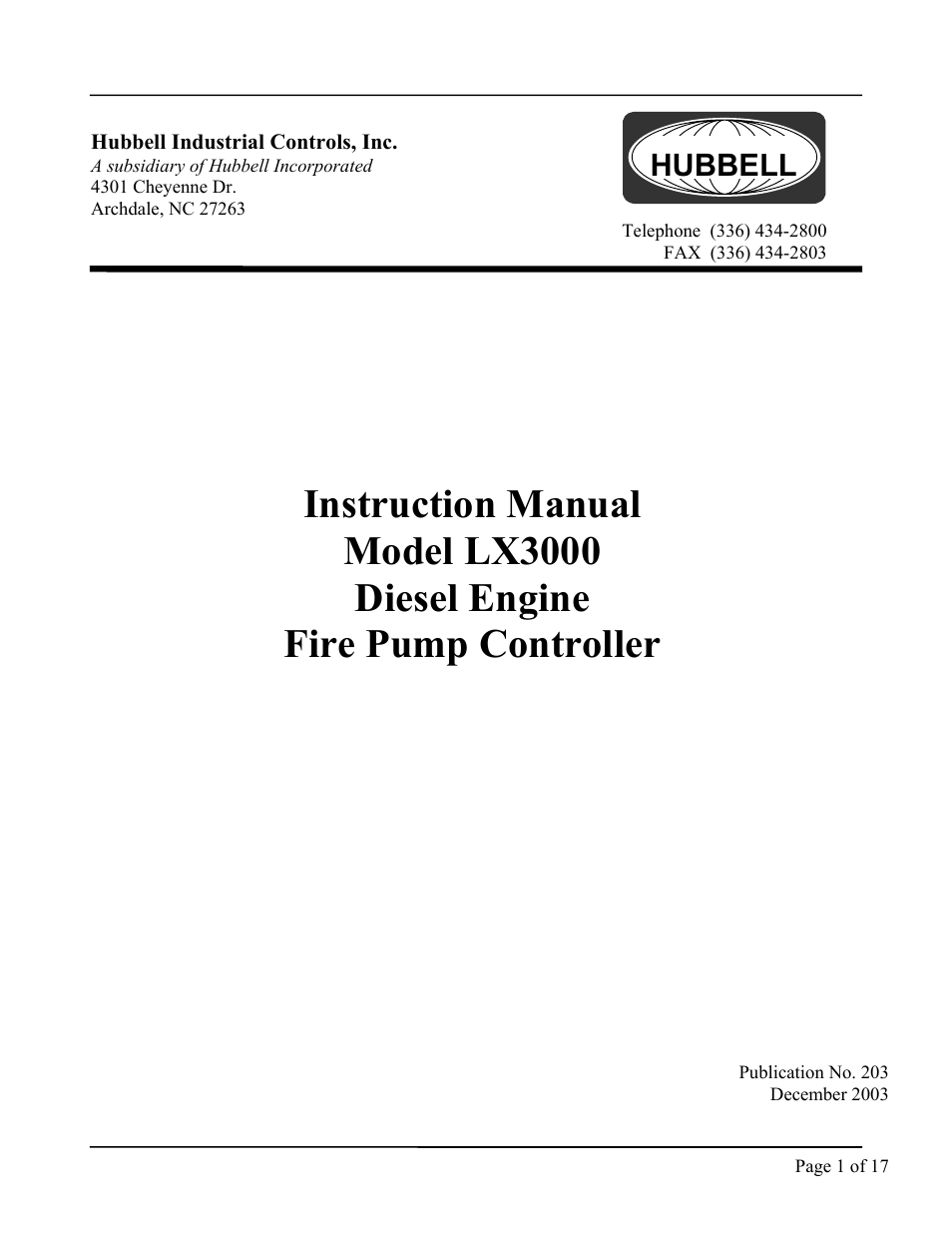 Hubbell Diesel Engine Fire Pump Controller LX3000 User Manual | 17 pages