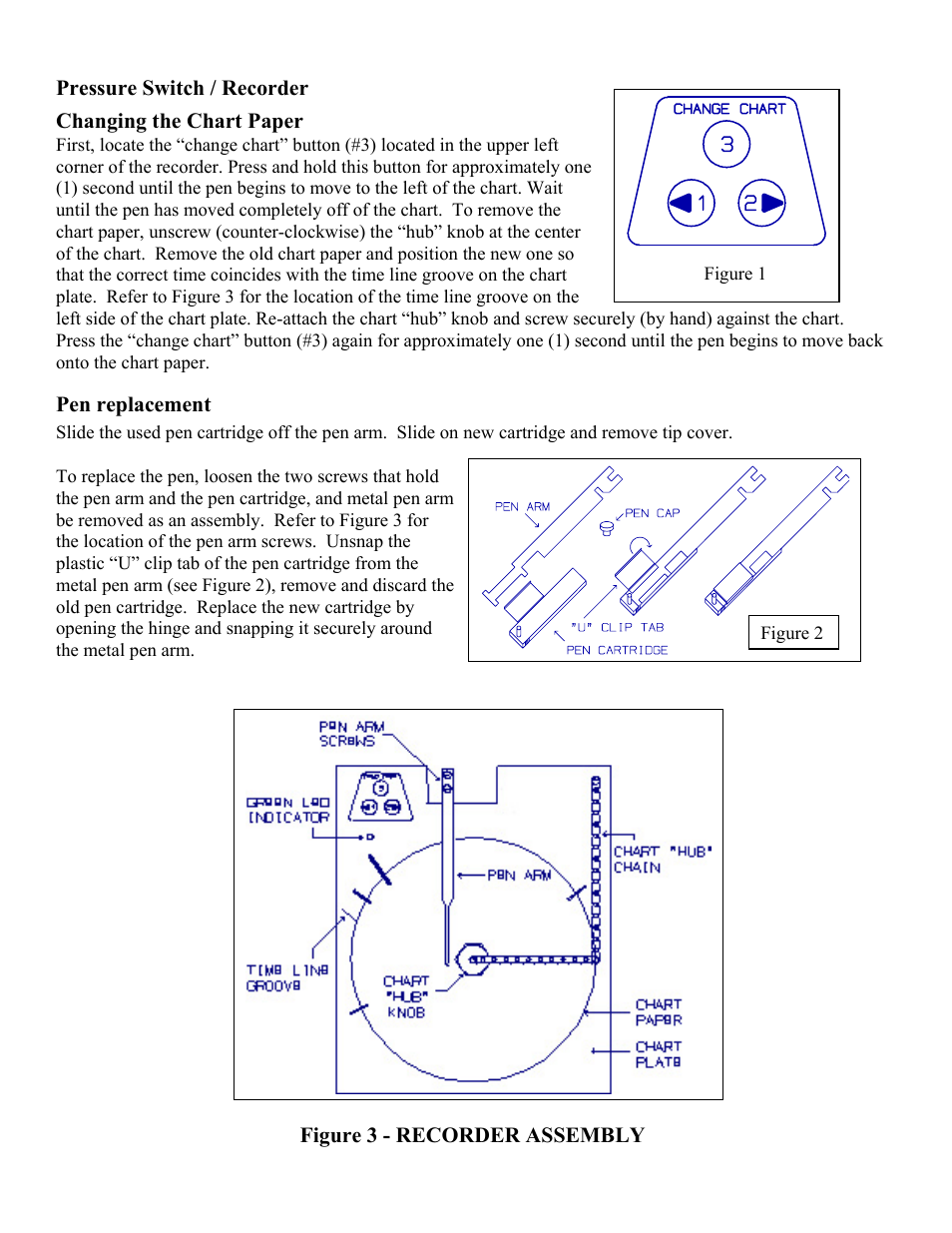Pressure switch / recorder, Changing the chart paper, Pen replacement | Hubbell Diesel Engine Fire Pump Controller LX3000 User Manual | Page 13 / 17