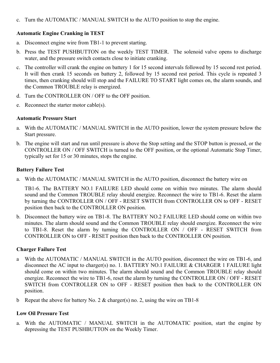 Automatic engine cranking in test, Automatic pressure start, Battery failure test | Charger failure test, Low oil pressure test | Hubbell Diesel Engine Fire Pump Controller LX3000 User Manual | Page 4 / 17