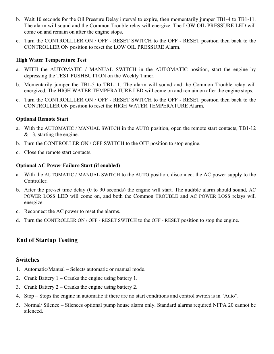 High water temperature test, Optional remote start, Optional ac power failure start (if enabled) | Hubbell Diesel Engine Fire Pump Controller LX3000 User Manual | Page 5 / 17