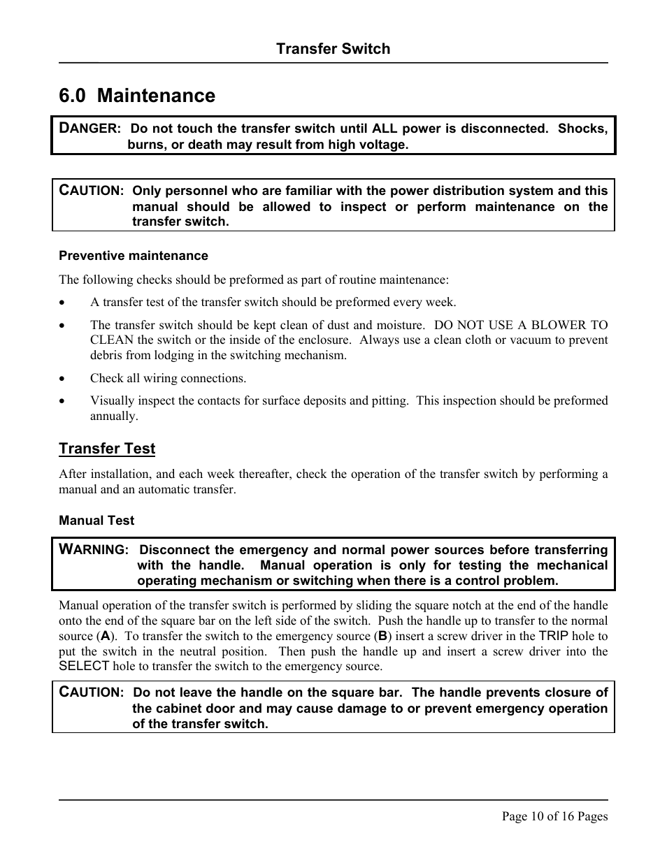 Maintenance, Preventive maintenance, Transfer test | Manual test, 0 maintenance | Hubbell LX-440 User Manual | Page 10 / 16