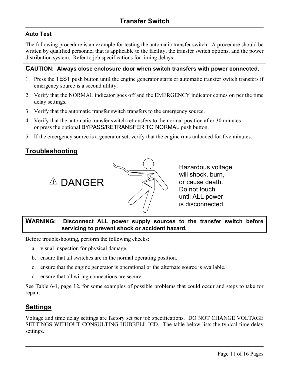 Auto test, Troubleshooting, Settings | Troubleshooting settings, Danger | Hubbell LX-440 User Manual | Page 11 / 16