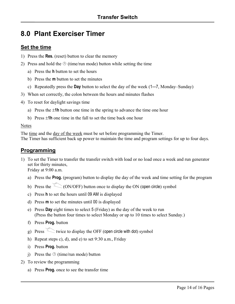 Plant exerciser timer, Set the time, Programming | 0 plant exerciser timer, Set the time programming | Hubbell LX-440 User Manual | Page 14 / 16