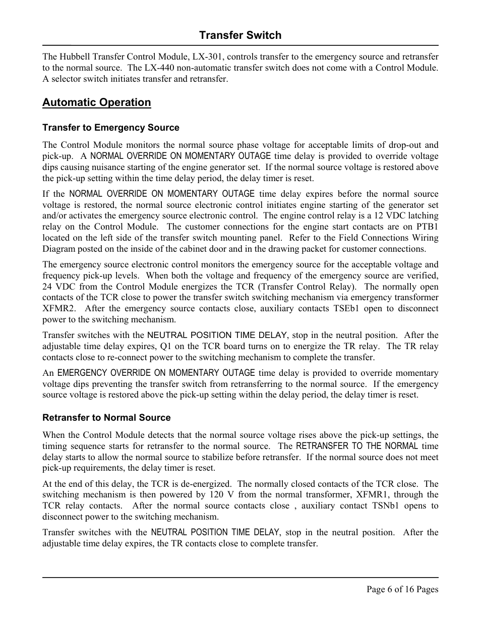 Automatic operation, Transfer to emergency source, Retransfer to normal source | Hubbell LX-440 User Manual | Page 6 / 16