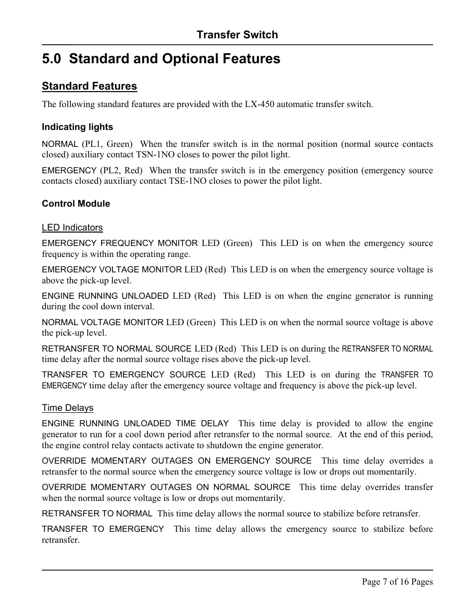 Standard and optional features, Standard features, Indicating lights | Control module, Led indicators, Time delays, 0 standard and optional features | Hubbell LX-440 User Manual | Page 7 / 16
