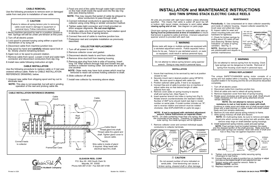 Installation and maintenance instructions, Sho twin spring stack electric cable reels | Hubbell Spring Stack Electric Cable Reels Sho Twin User Manual | Page 4 / 4