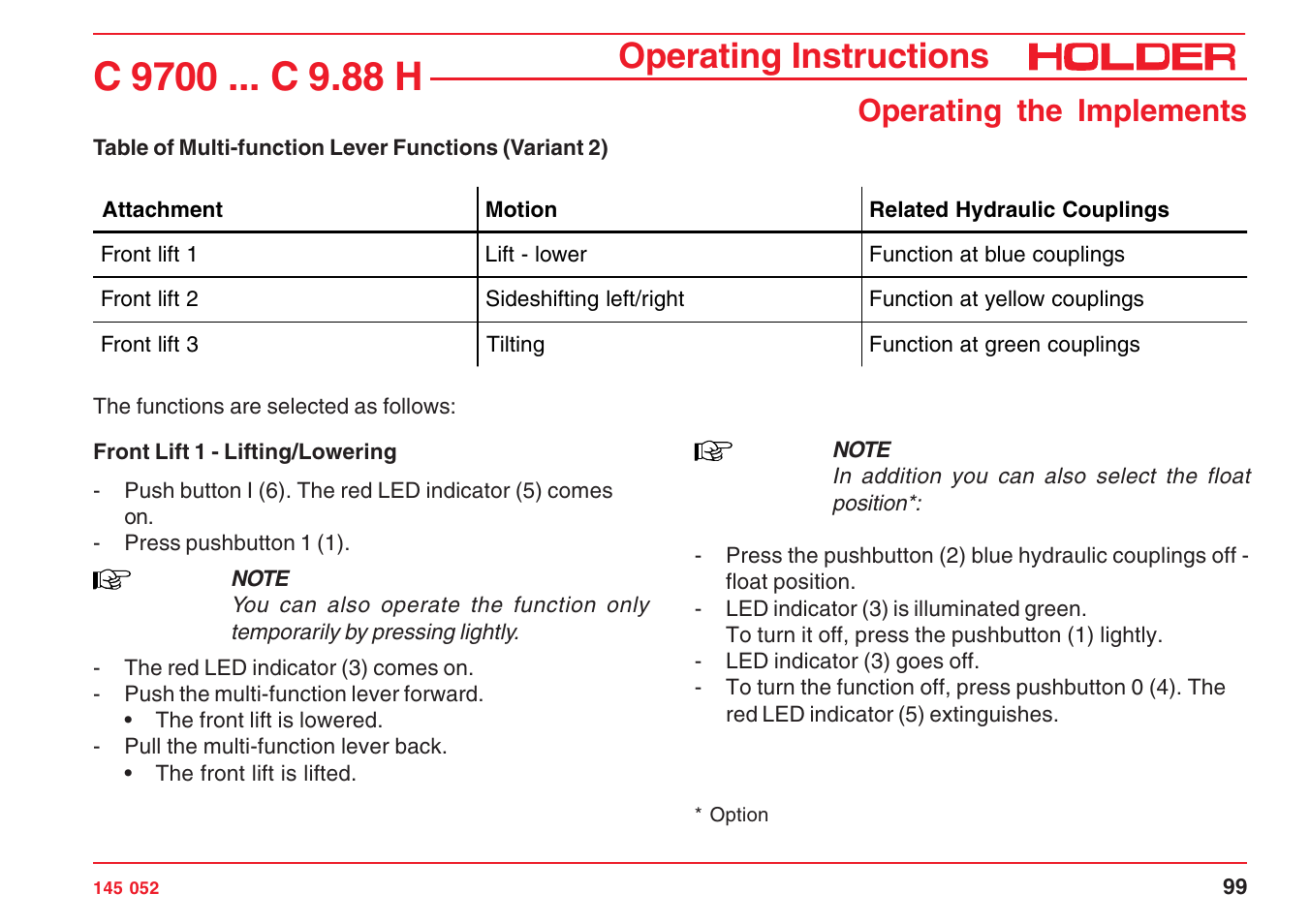 Operating instructions, Operating the implements | Holder C-Trac C 9700 User Manual | Page 100 / 221