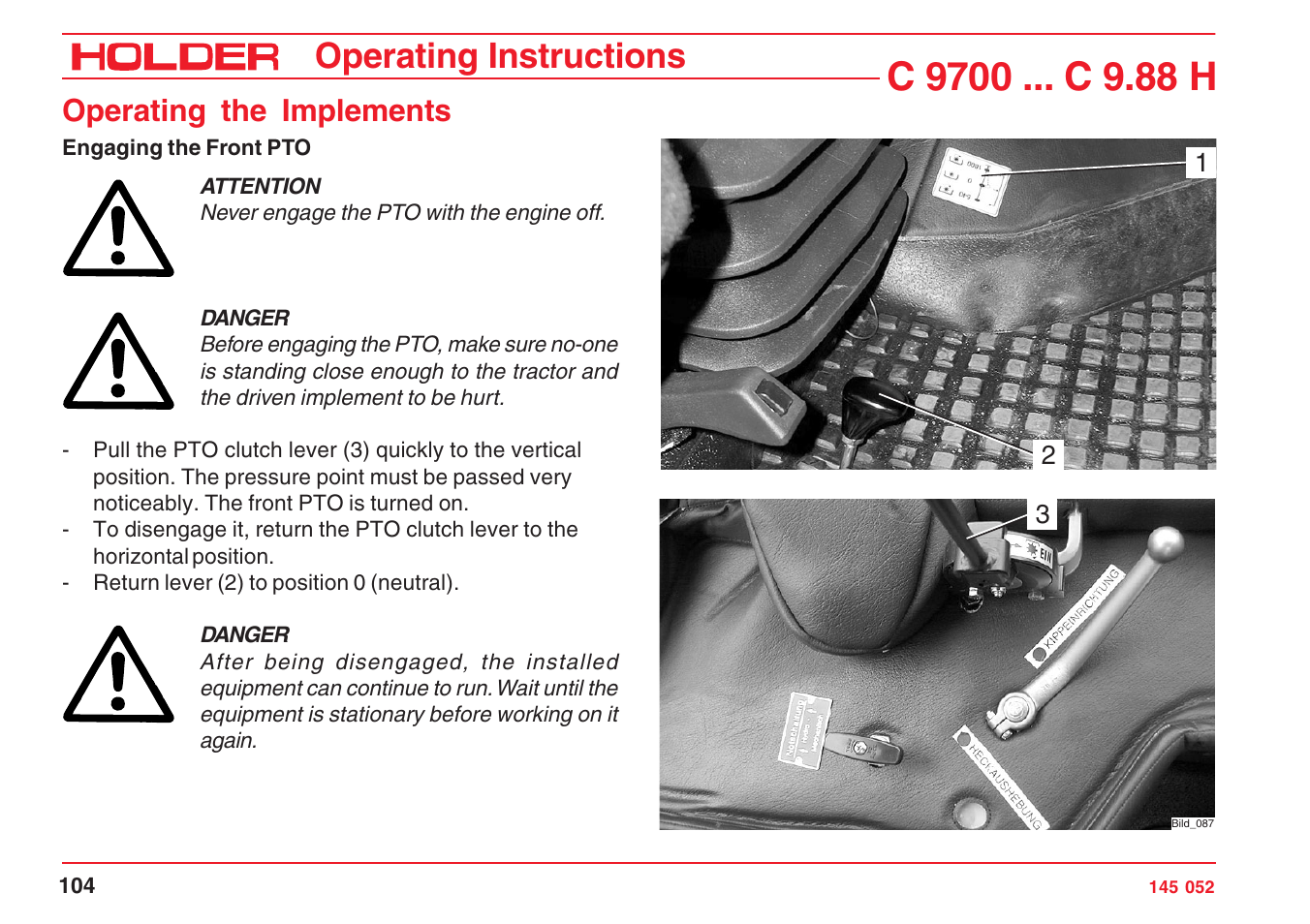 Operating instructions, Operating the implements | Holder C-Trac C 9700 User Manual | Page 105 / 221