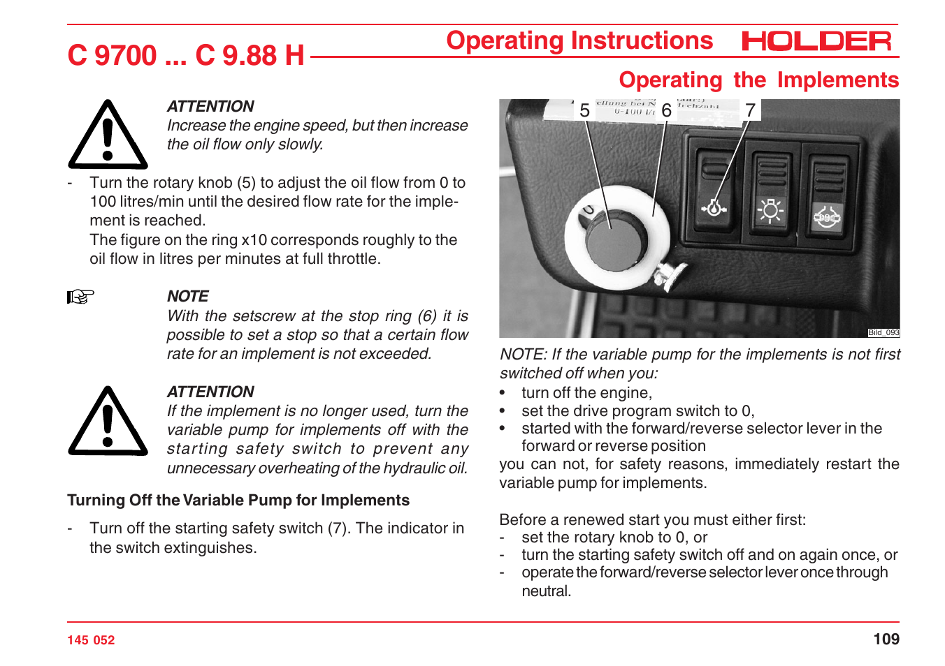 Operating instructions, Operating the implements | Holder C-Trac C 9700 User Manual | Page 110 / 221