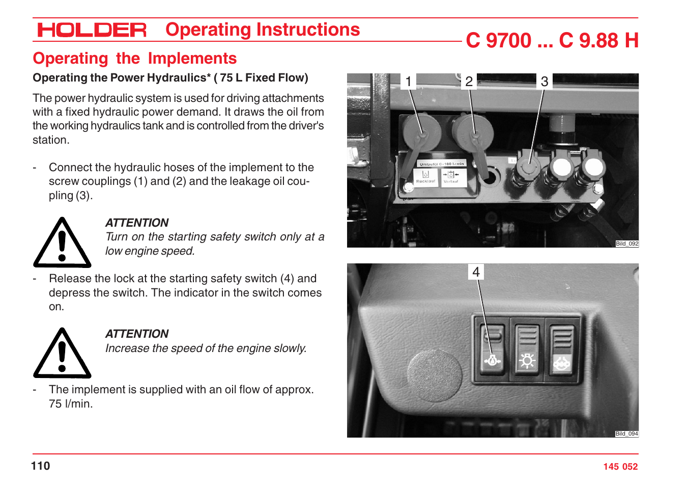 Operating instructions, Operating the implements | Holder C-Trac C 9700 User Manual | Page 111 / 221