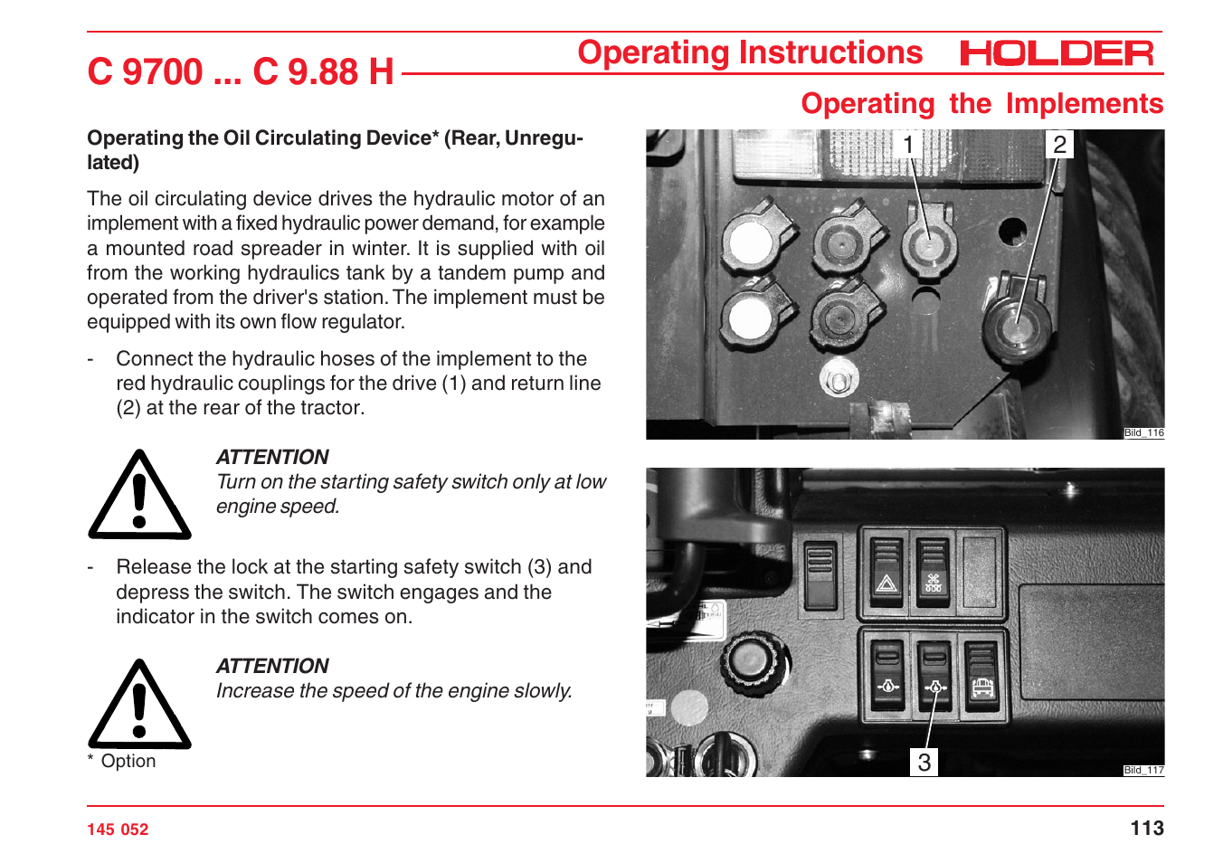 Operating instructions, Operating the implements | Holder C-Trac C 9700 User Manual | Page 114 / 221
