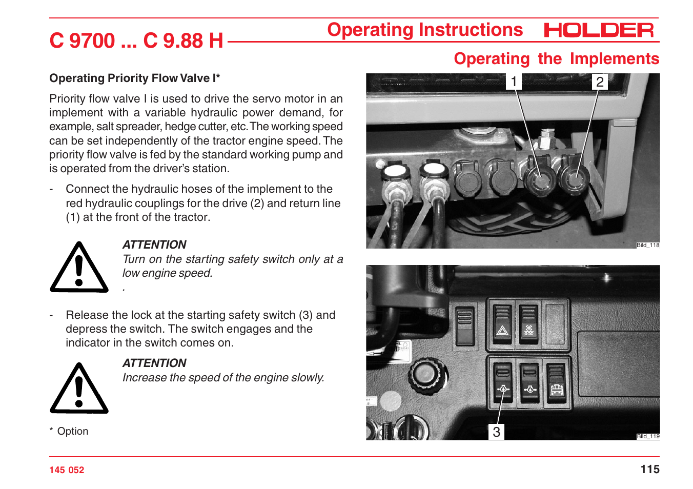 Operating instructions, Operating the implements | Holder C-Trac C 9700 User Manual | Page 116 / 221