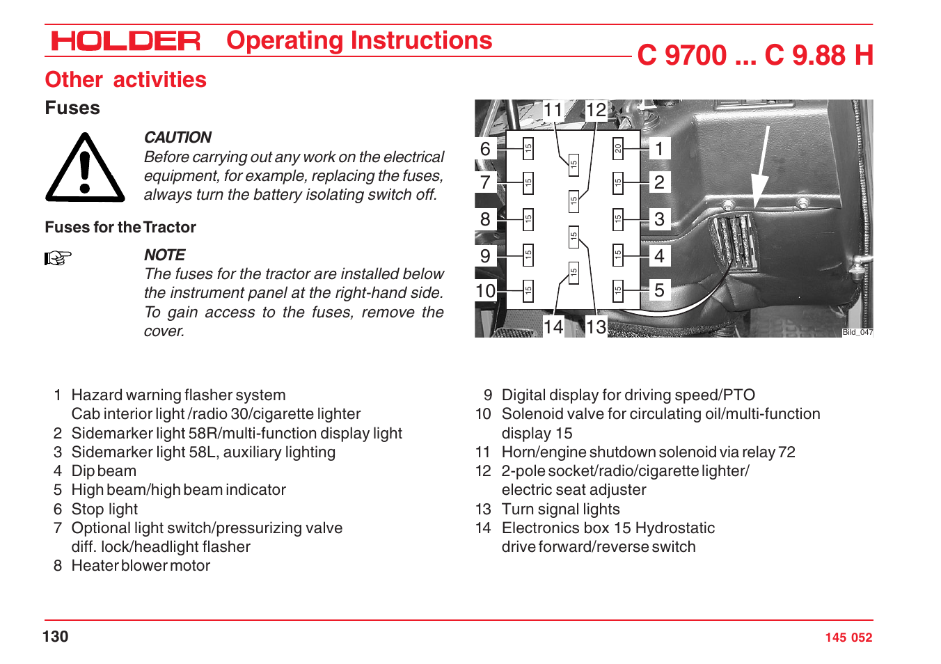 Operating instructions, Other activities, Fuses | Holder C-Trac C 9700 User Manual | Page 131 / 221