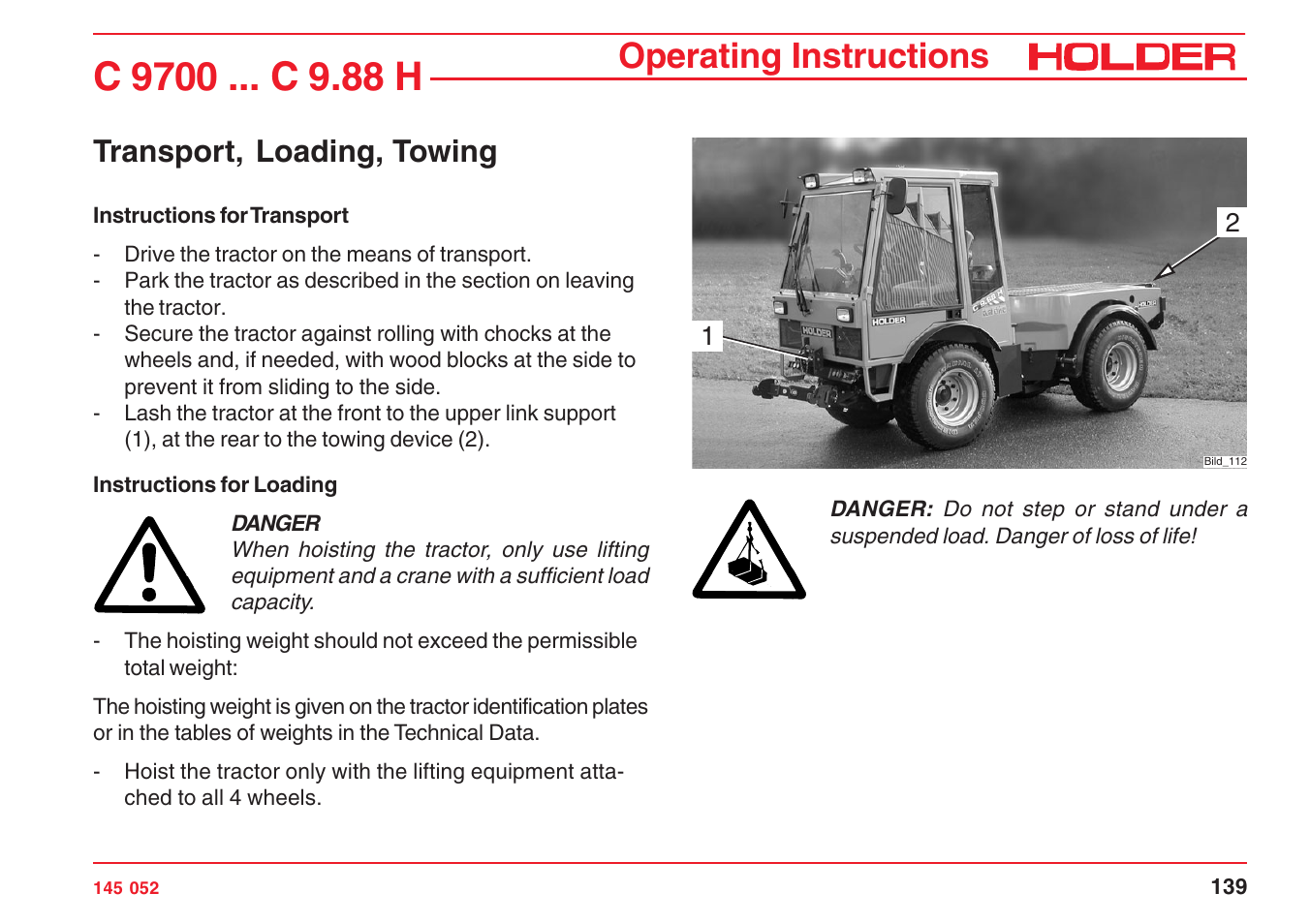 Operating instructions, Transport, loading, towing | Holder C-Trac C 9700 User Manual | Page 140 / 221