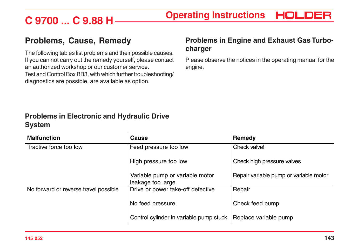 Operating instructions, Problems, cause, remedy | Holder C-Trac C 9700 User Manual | Page 144 / 221