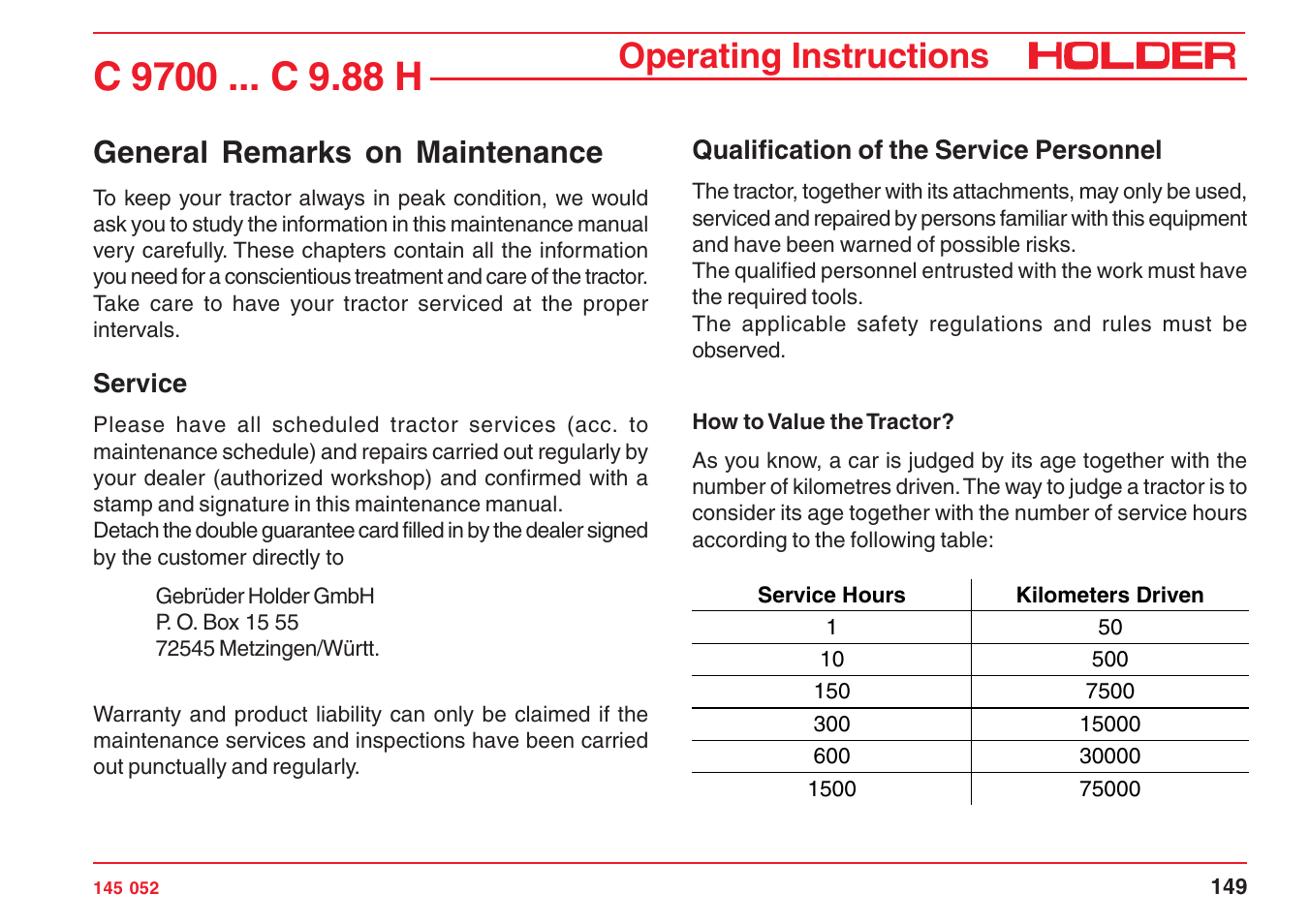 Operating instructions, General remarks on maintenance | Holder C-Trac C 9700 User Manual | Page 150 / 221