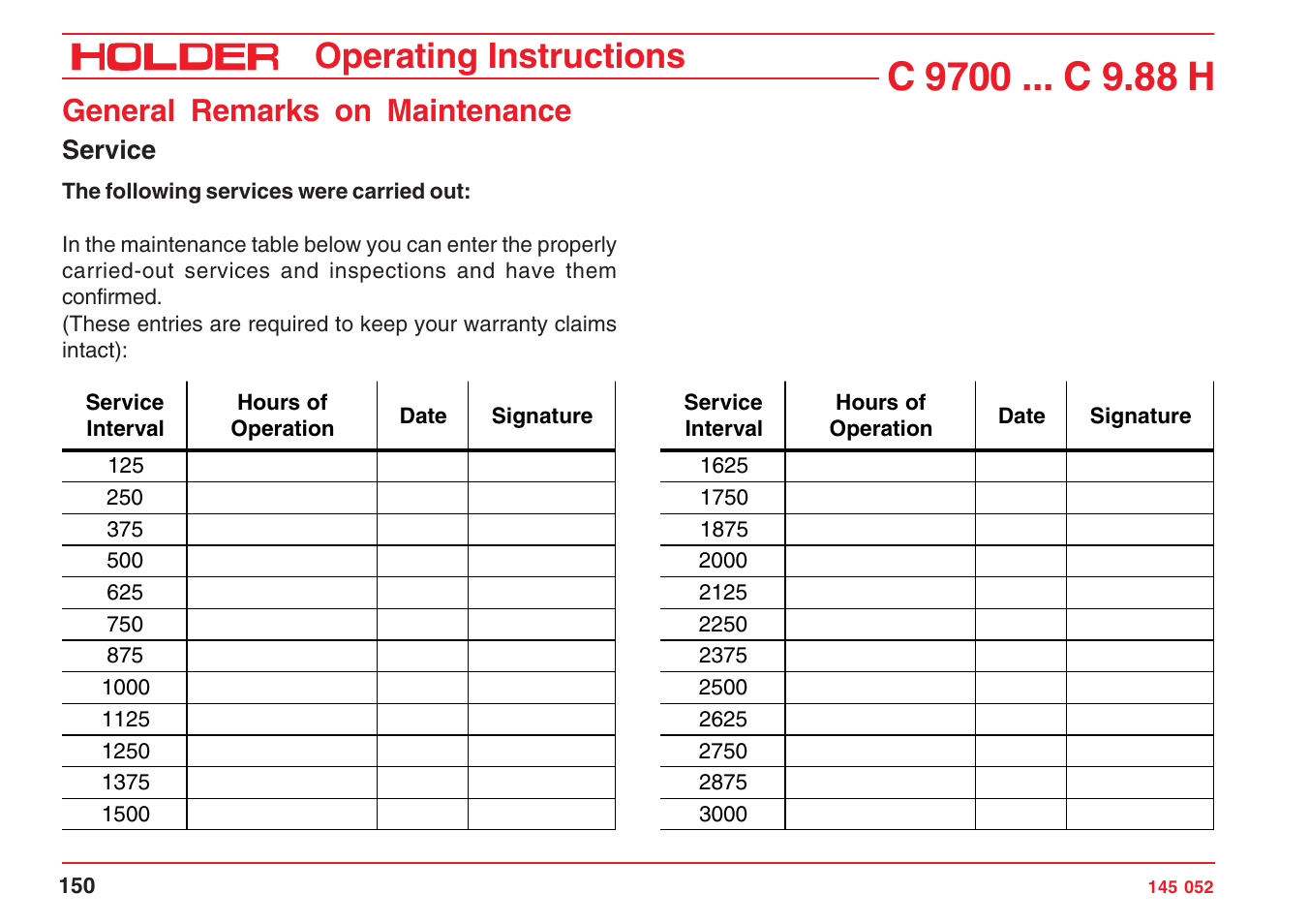 Operating instructions, General remarks on maintenance | Holder C-Trac C 9700 User Manual | Page 151 / 221