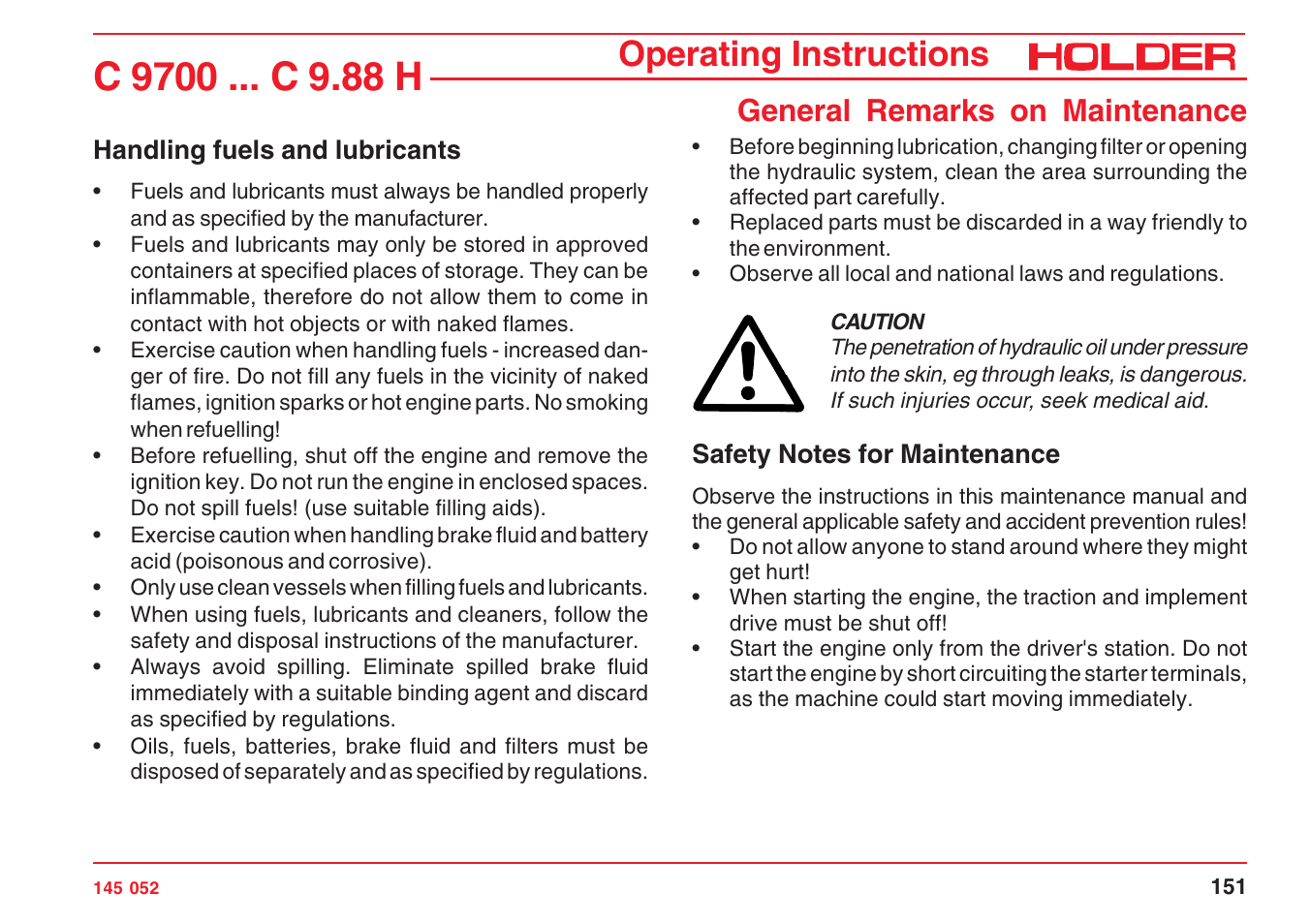 Operating instructions, General remarks on maintenance | Holder C-Trac C 9700 User Manual | Page 152 / 221