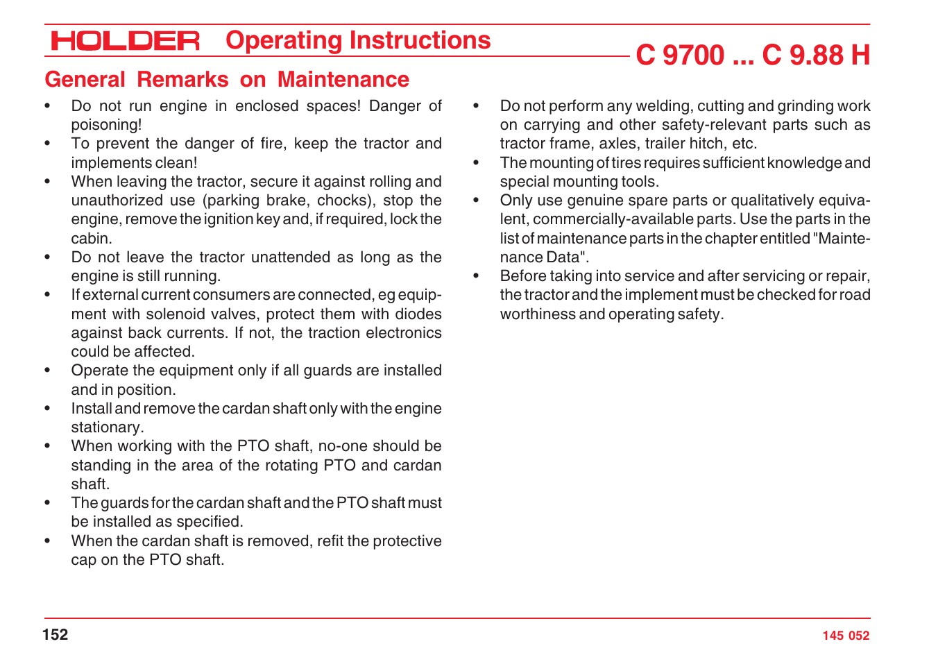 Operating instructions, General remarks on maintenance | Holder C-Trac C 9700 User Manual | Page 153 / 221