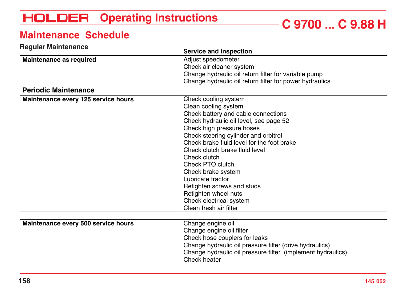 Operating instructions, Maintenance schedule | Holder C-Trac C 9700 User Manual | Page 159 / 221