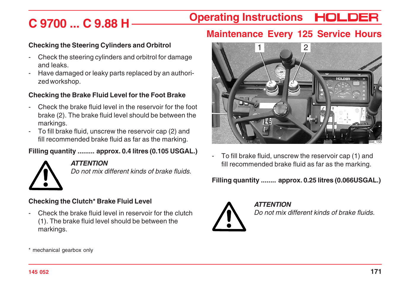 Operating instructions, Maintenance every 125 service hours | Holder C-Trac C 9700 User Manual | Page 172 / 221