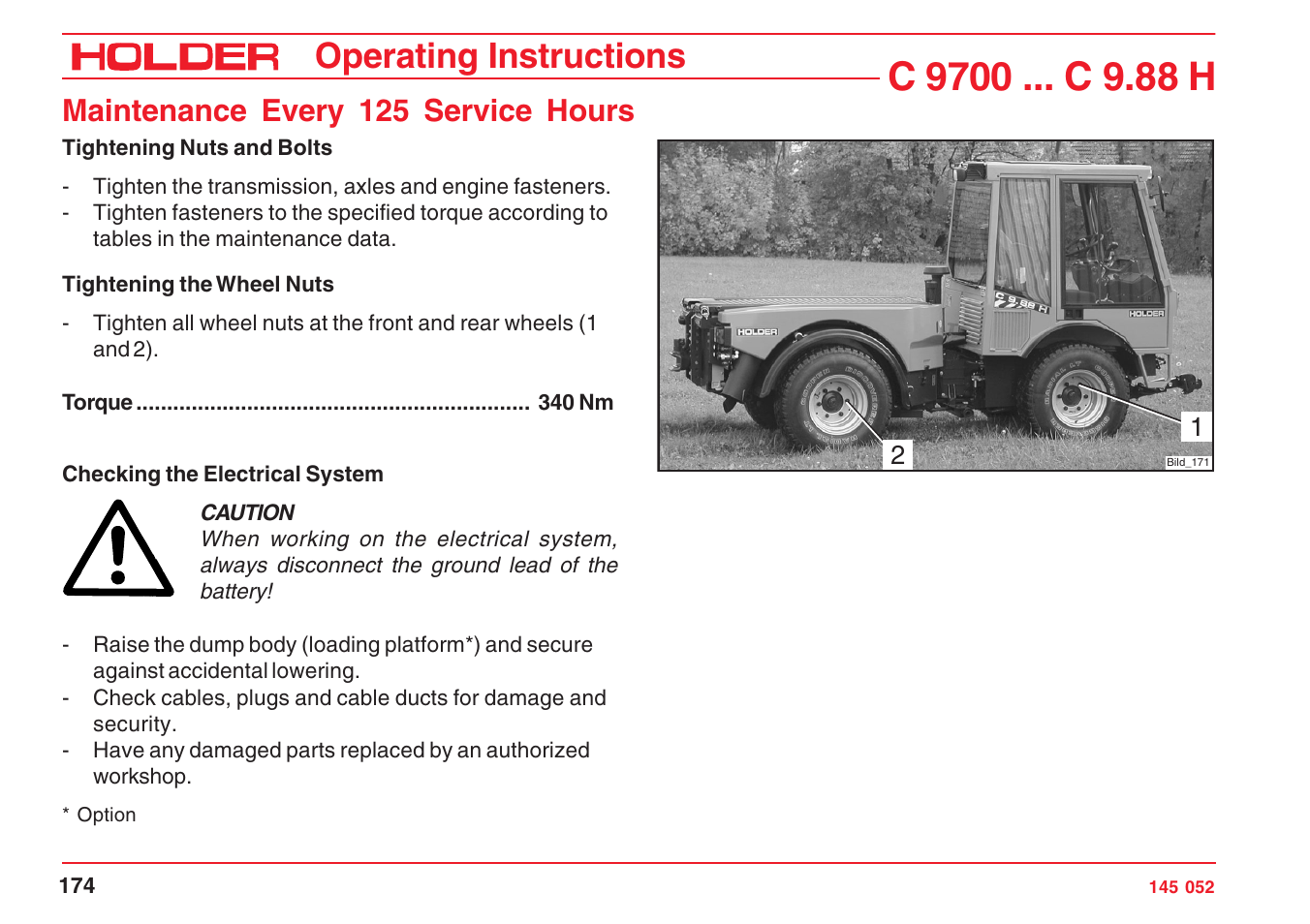 Operating instructions, Maintenance every 125 service hours | Holder C-Trac C 9700 User Manual | Page 175 / 221