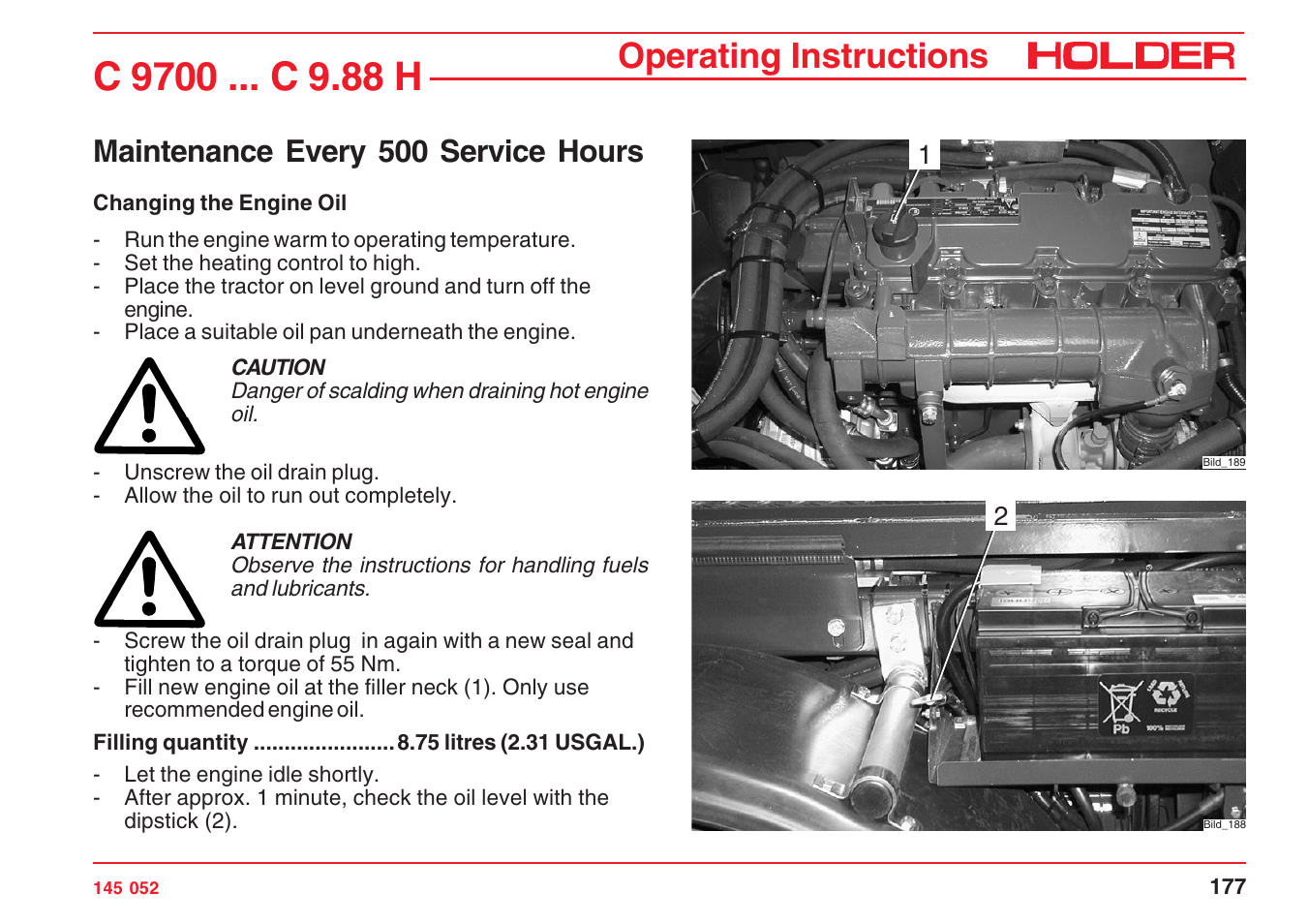 Operating instructions, Maintenance every 500 service hours | Holder C-Trac C 9700 User Manual | Page 178 / 221