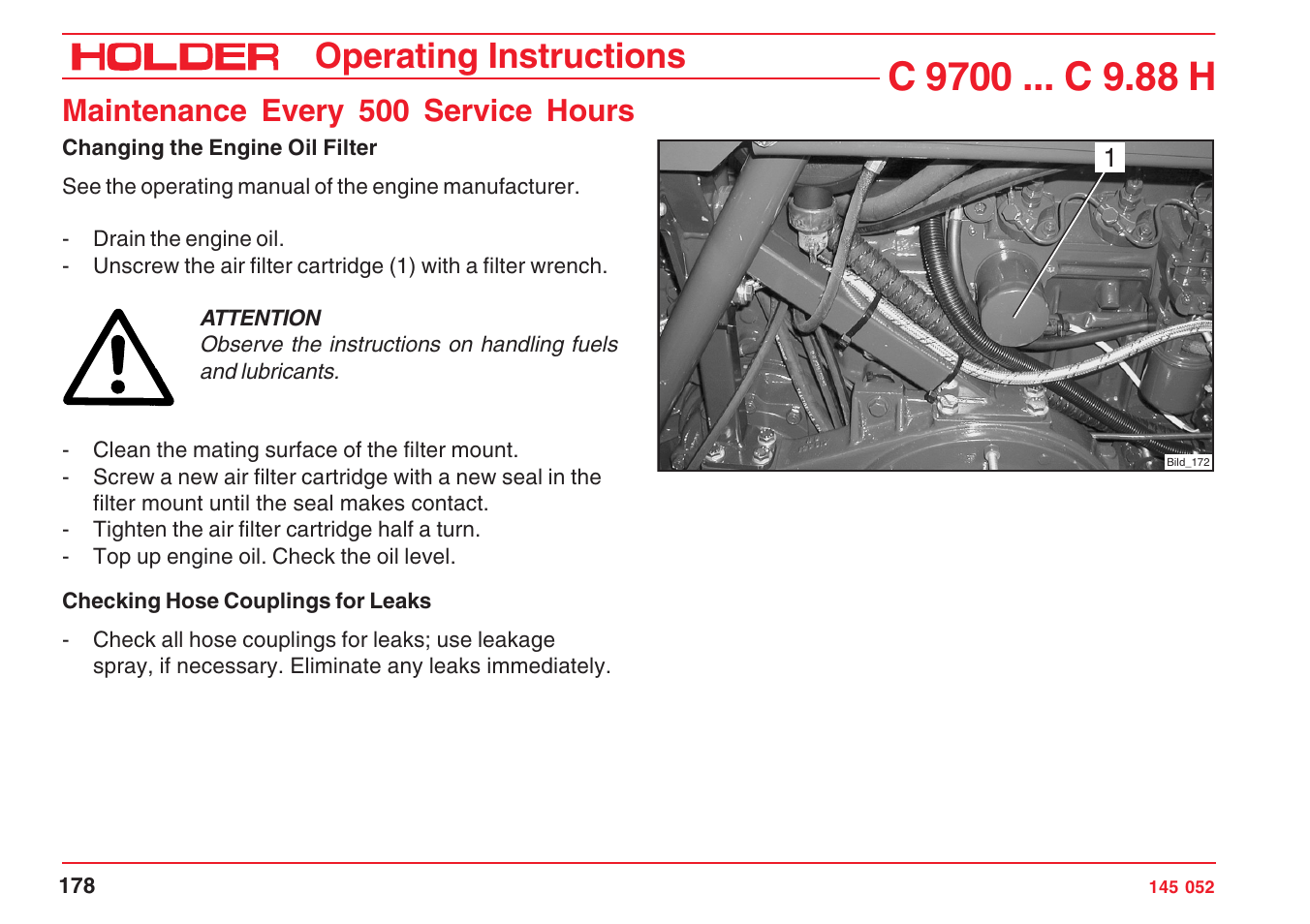 Operating instructions, Maintenance every 500 service hours | Holder C-Trac C 9700 User Manual | Page 179 / 221