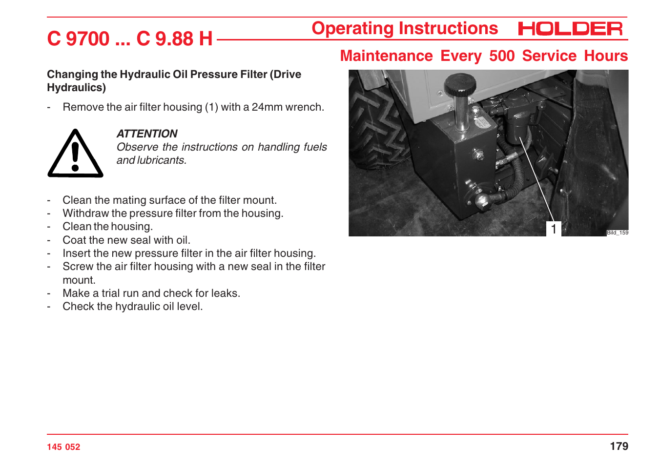 Operating instructions, Maintenance every 500 service hours | Holder C-Trac C 9700 User Manual | Page 180 / 221