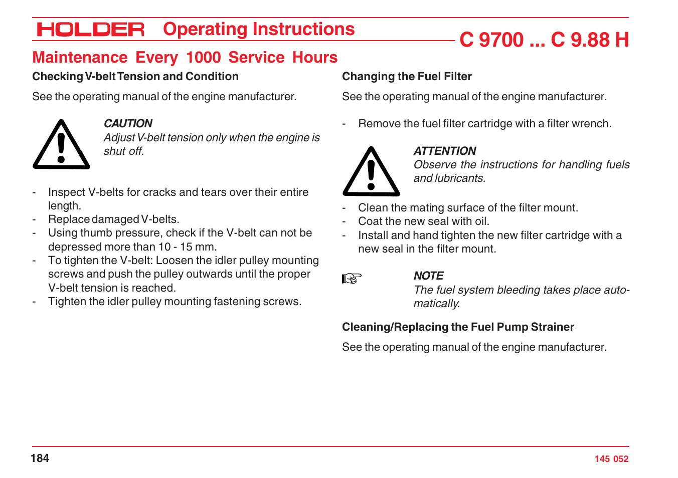 Operating instructions, Maintenance every 1000 service hours | Holder C-Trac C 9700 User Manual | Page 185 / 221