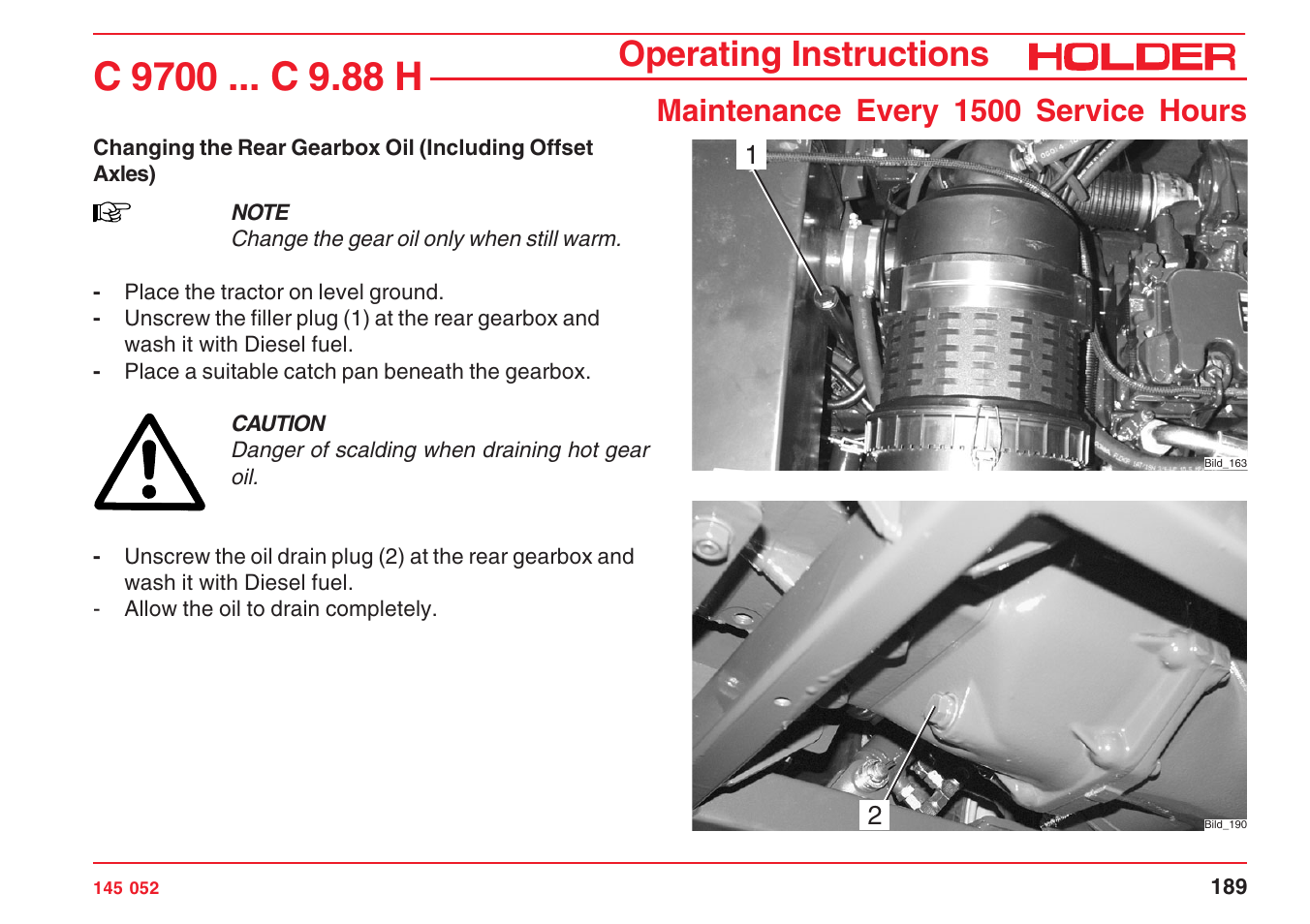 Operating instructions, Maintenance every 1500 service hours | Holder C-Trac C 9700 User Manual | Page 190 / 221