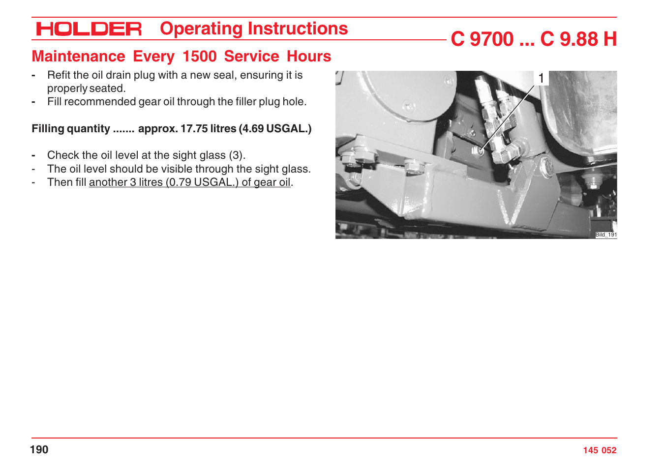 Operating instructions, Maintenance every 1500 service hours | Holder C-Trac C 9700 User Manual | Page 191 / 221