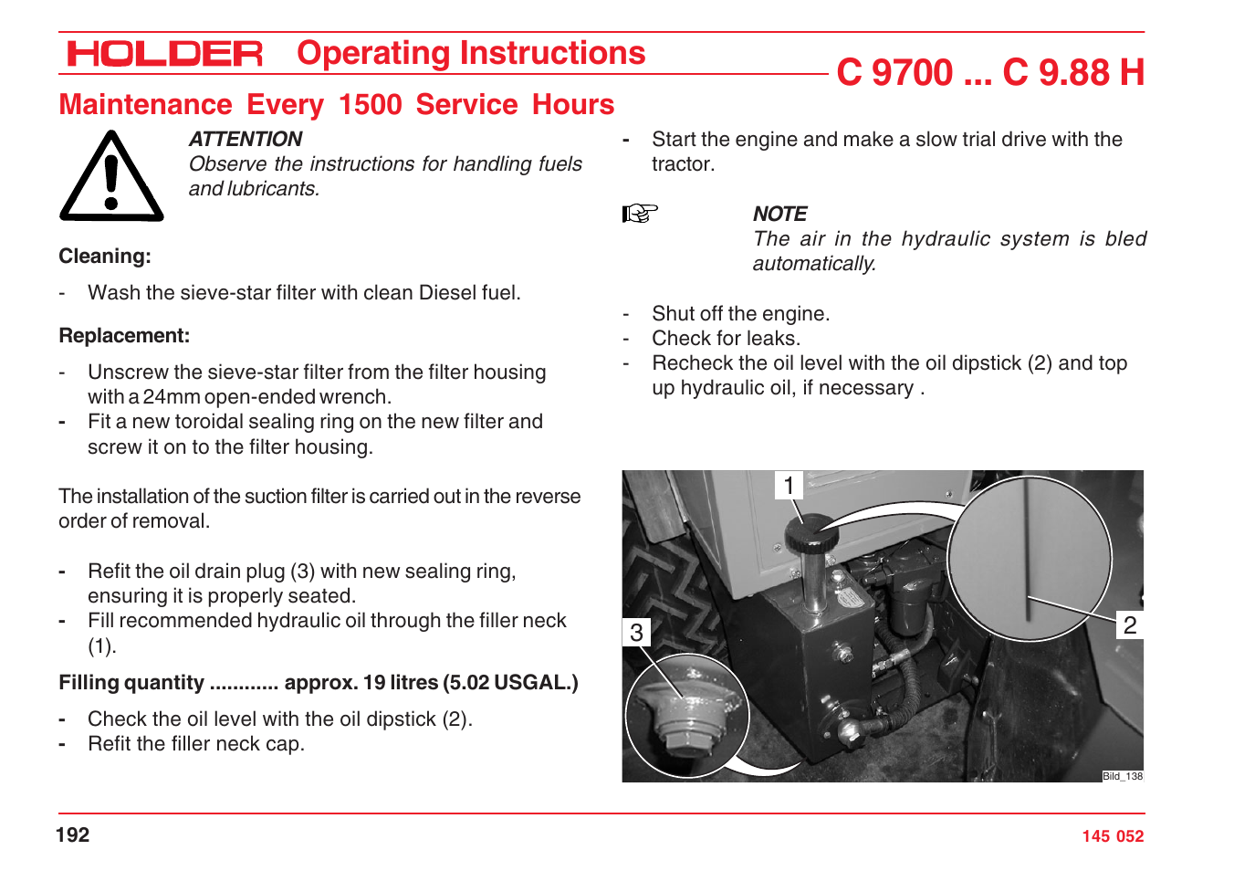 Operating instructions, Maintenance every 1500 service hours | Holder C-Trac C 9700 User Manual | Page 193 / 221