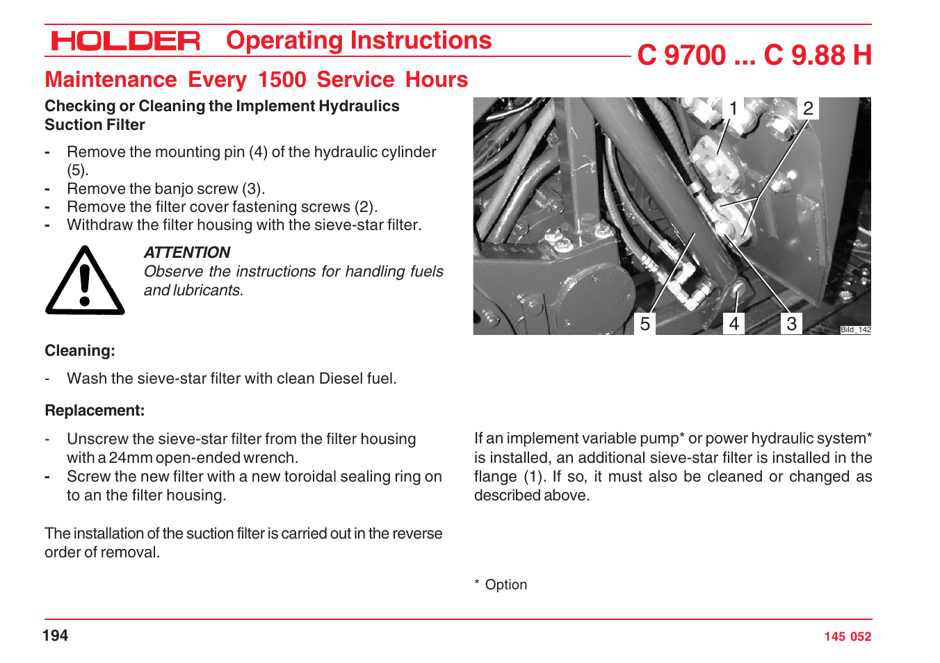 Operating instructions, Maintenance every 1500 service hours | Holder C-Trac C 9700 User Manual | Page 195 / 221