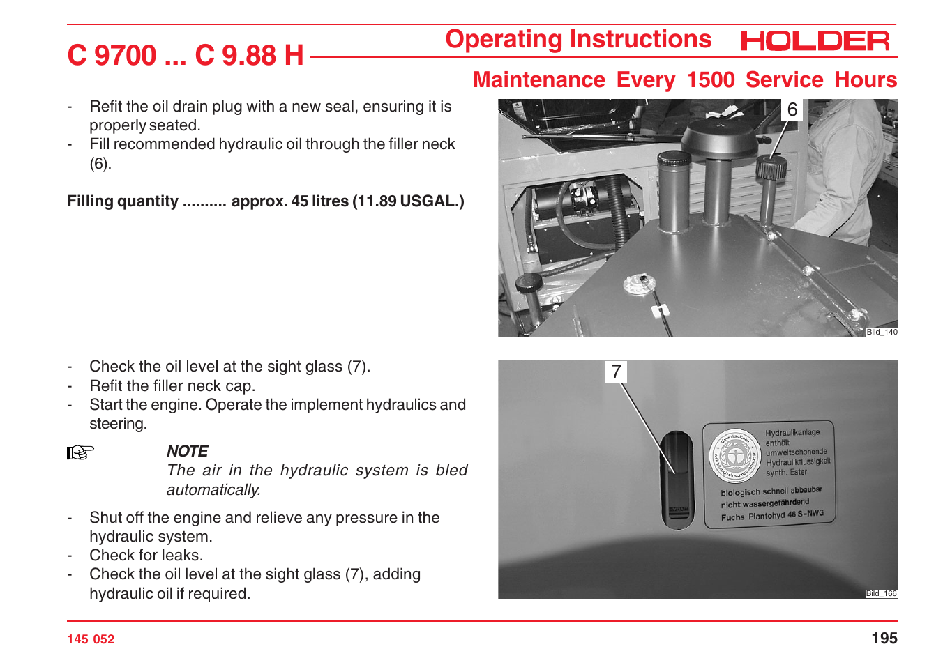 Operating instructions, Maintenance every 1500 service hours | Holder C-Trac C 9700 User Manual | Page 196 / 221