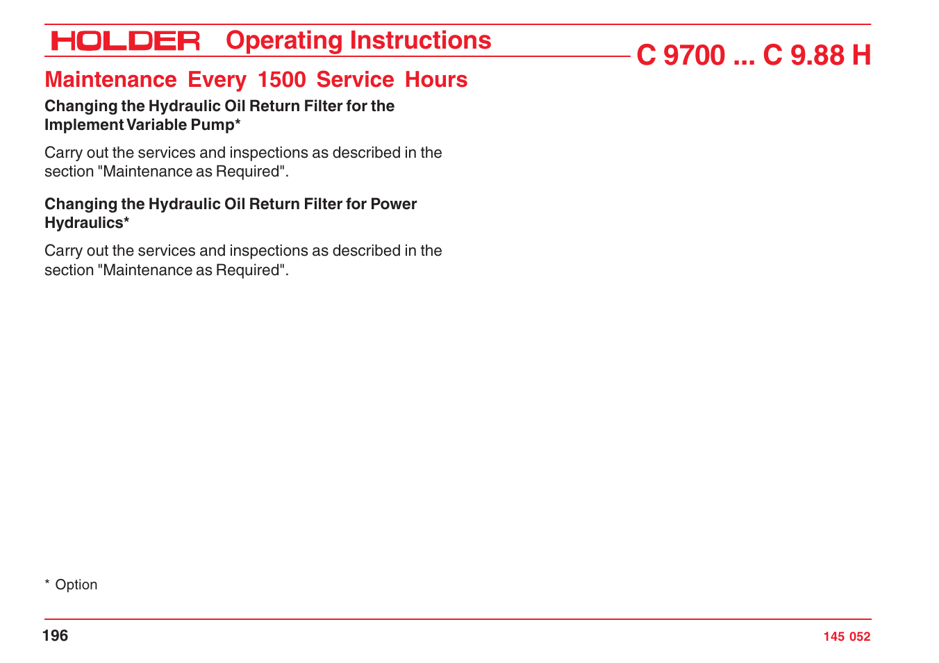 Operating instructions, Maintenance every 1500 service hours | Holder C-Trac C 9700 User Manual | Page 197 / 221