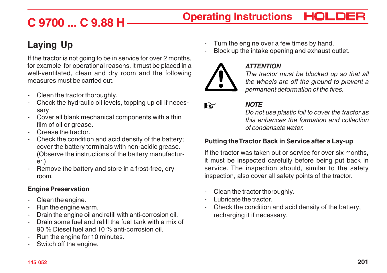 Operating instructions, Laying up | Holder C-Trac C 9700 User Manual | Page 202 / 221