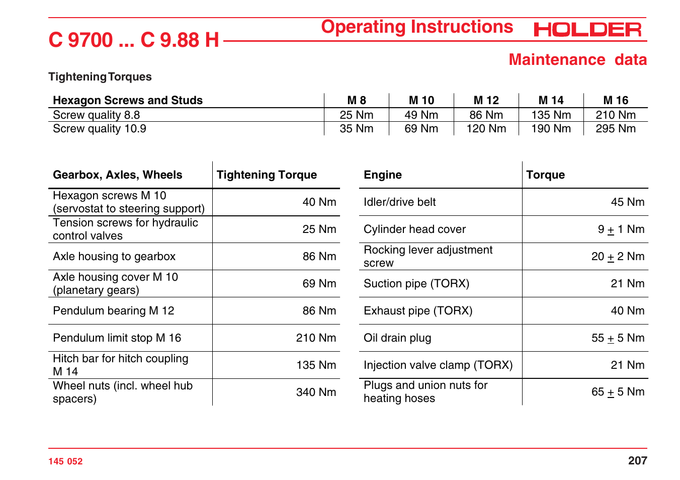 Operating instructions, Maintenance data | Holder C-Trac C 9700 User Manual | Page 208 / 221