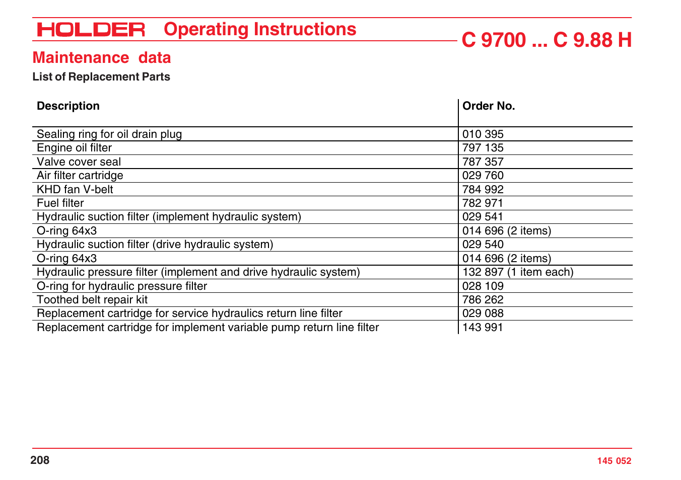 Operating instructions, Maintenance data | Holder C-Trac C 9700 User Manual | Page 209 / 221