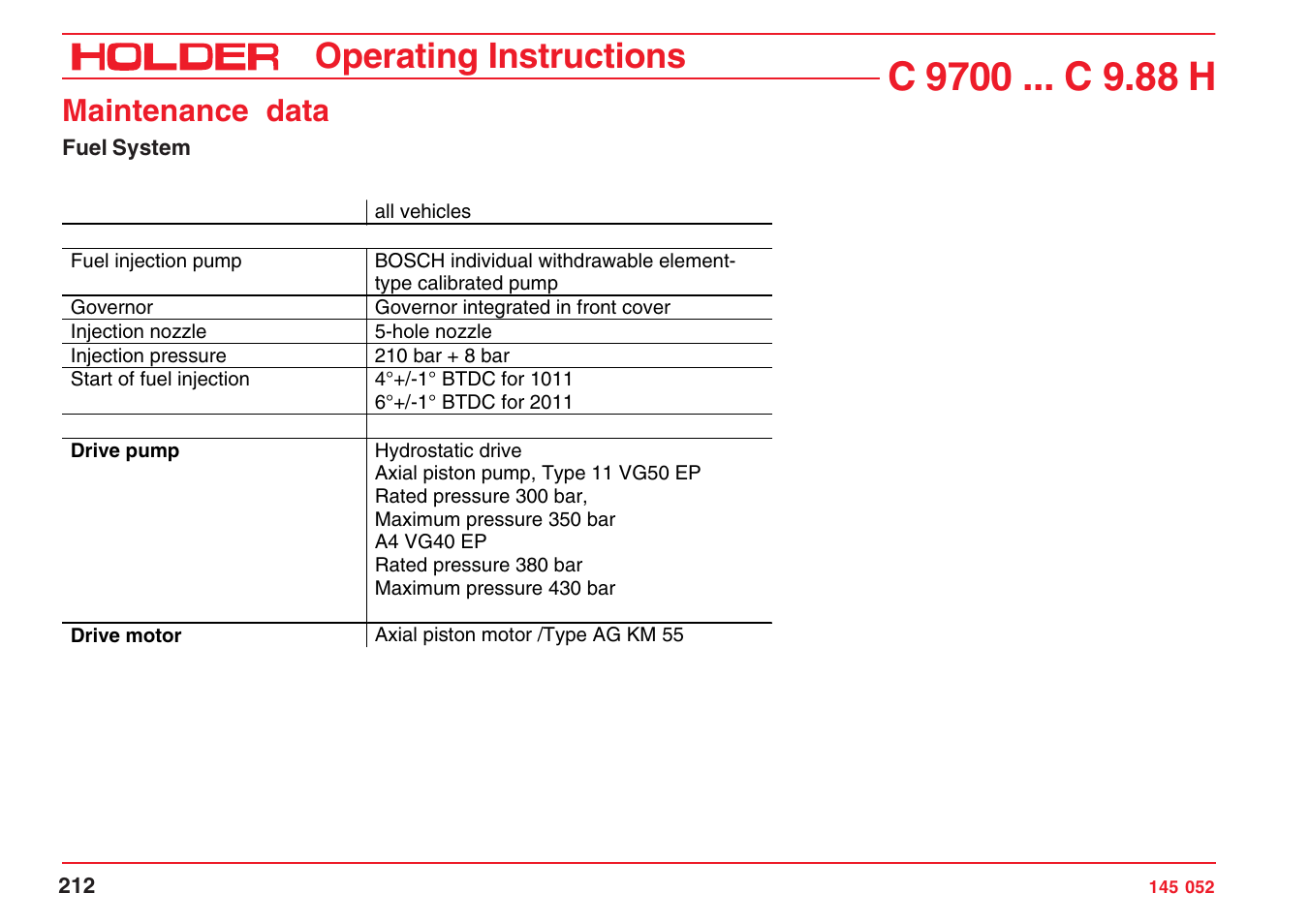 Operating instructions, Maintenance data | Holder C-Trac C 9700 User Manual | Page 213 / 221