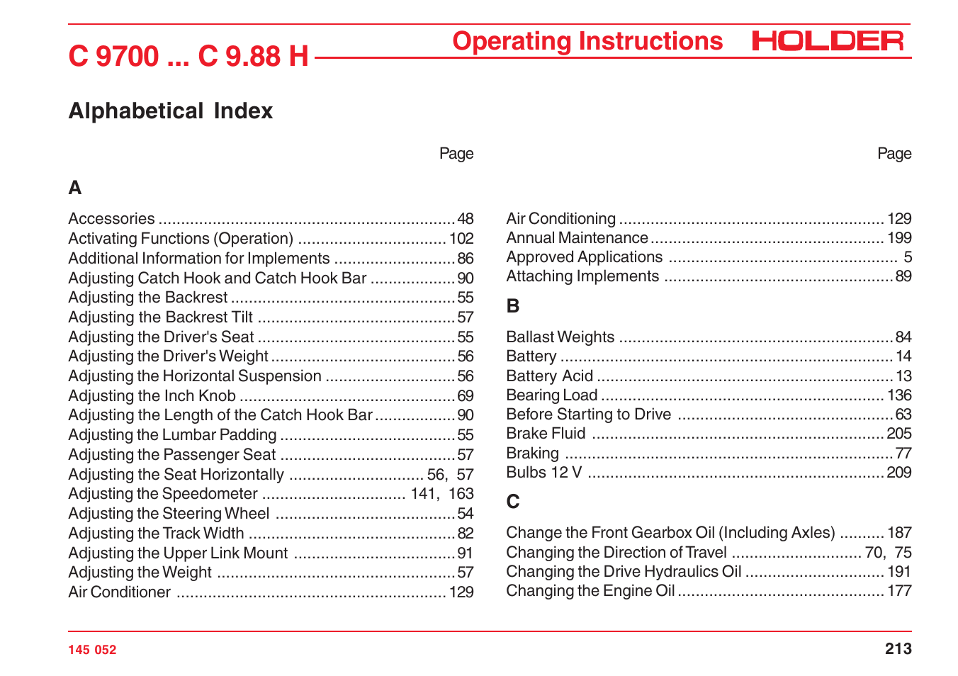 Operating instructions, Alphabetical index | Holder C-Trac C 9700 User Manual | Page 214 / 221