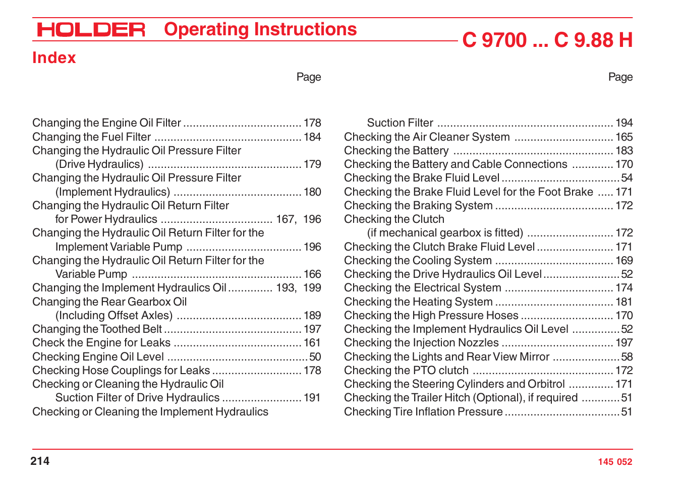 Operating instructions, Index | Holder C-Trac C 9700 User Manual | Page 215 / 221