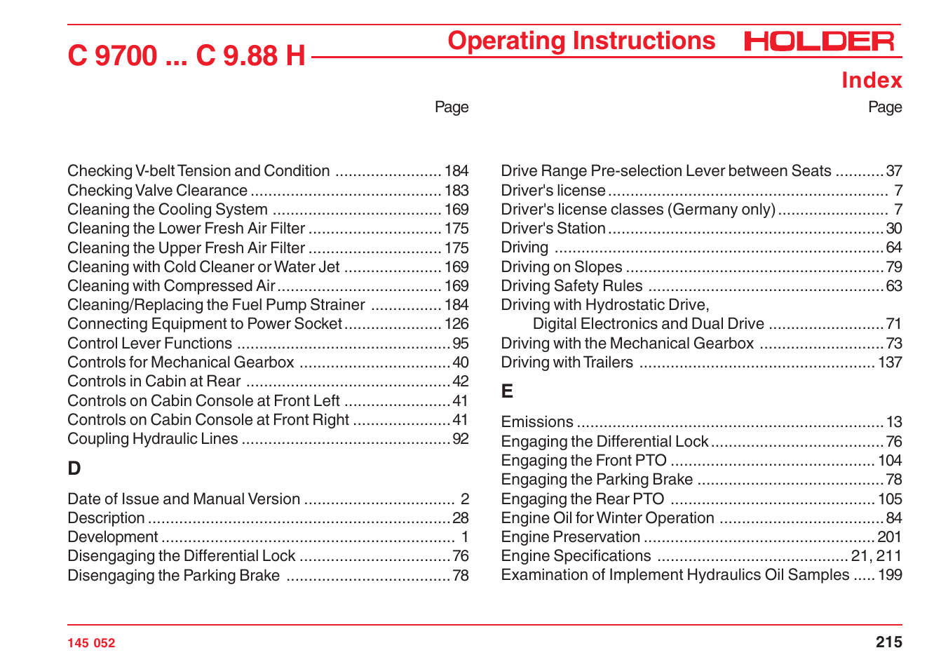 Operating instructions, Index | Holder C-Trac C 9700 User Manual | Page 216 / 221